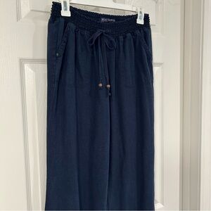 Beau Dawson Women Wide Leg Linen Blend Pants Size L Navy Pockets Elastic Waist